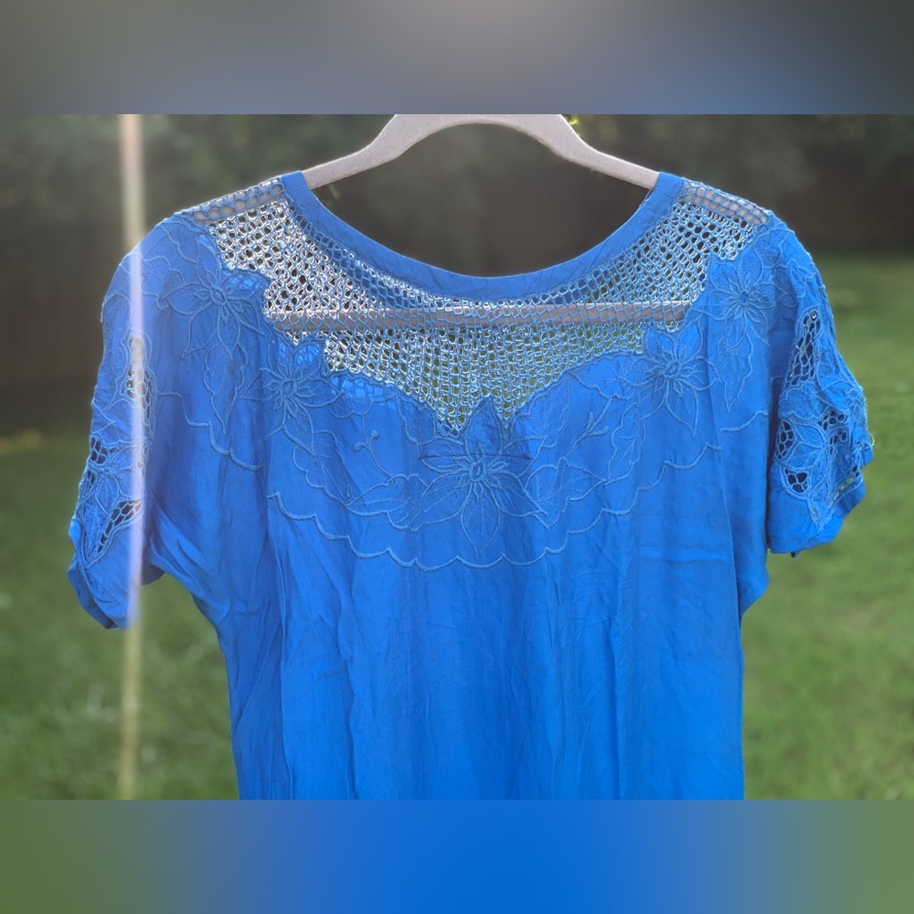 Satyuga Vintage Hawaiian Royal Blue Rayon Midi Dress w/ eyelet detail size small - Picture 14 of 17